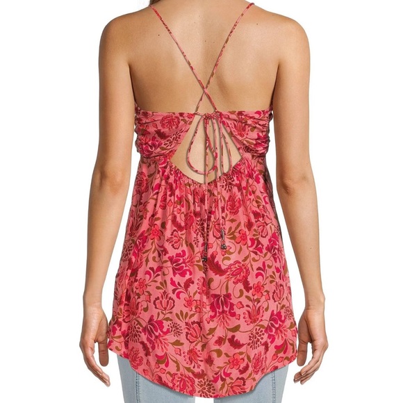 Free People pixie printed tunic pink floral combo with crisscross back - Picture 3 of 4